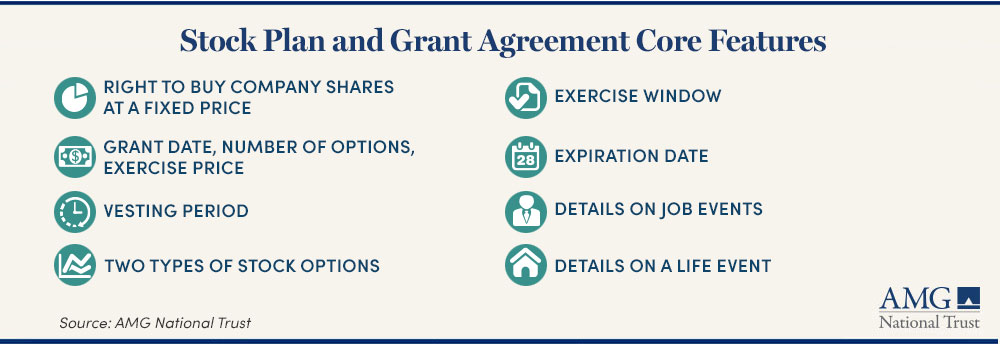 Graphic of the stock plan and grant agreement core features as described in the text.