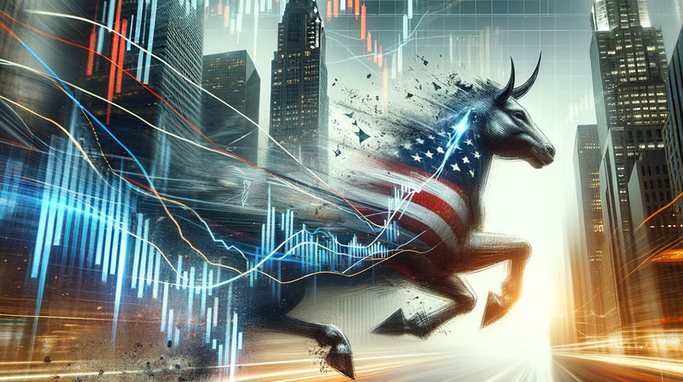 Photo collage of the American flag, to represent the U.S. election, and stock market symbols