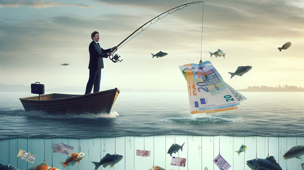 Photo of a man fishing in a boat with foreign currency on his fishing line