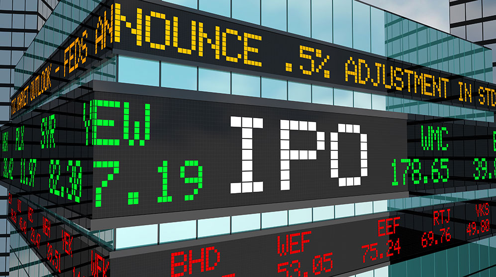 Photo of an IPO listing going across a bulletin ticker